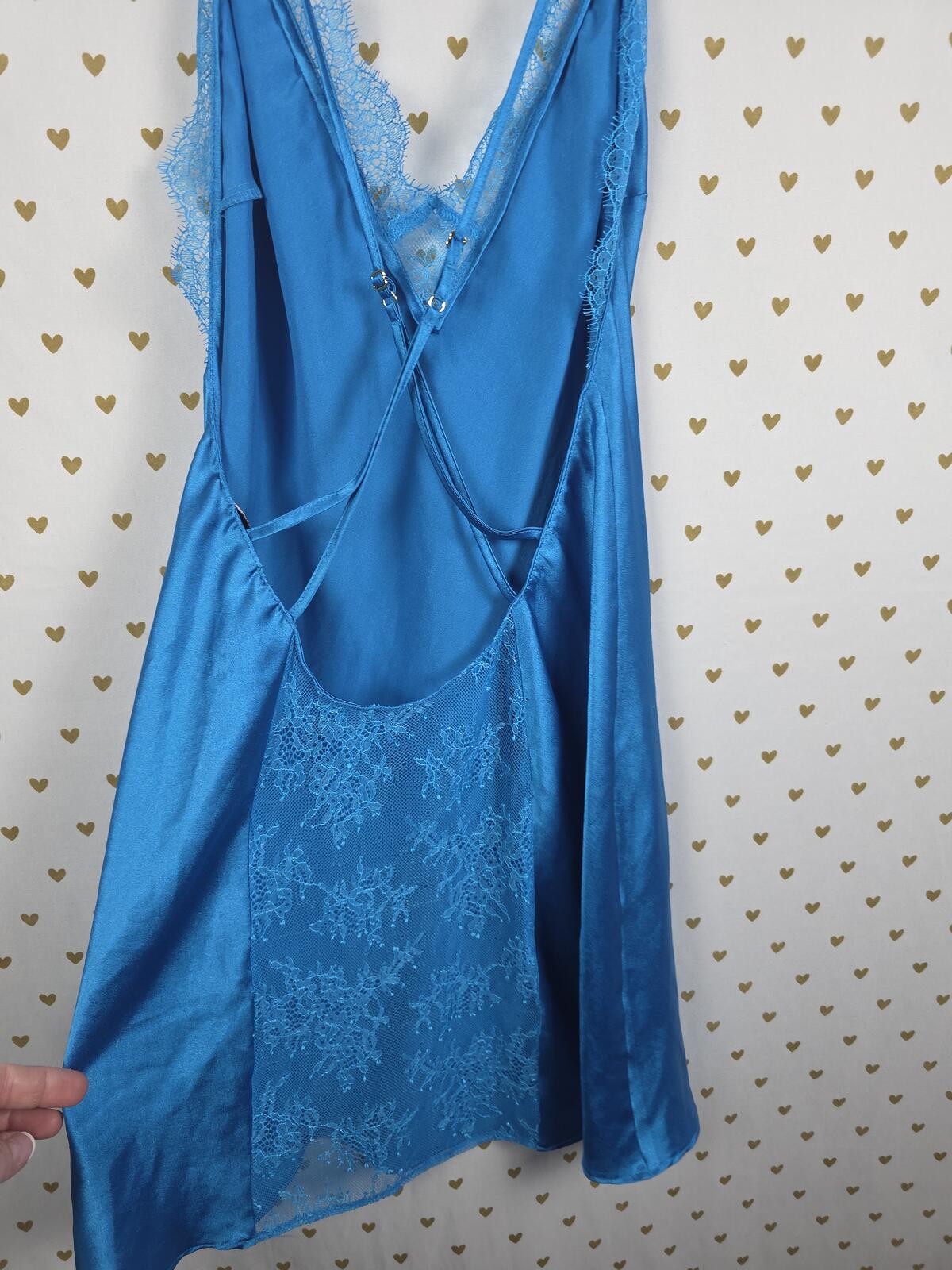 Victorias Secret Satin Blue ROBE & SLIP DRESS SET 2pc Nightie Silky Lingerie MED
