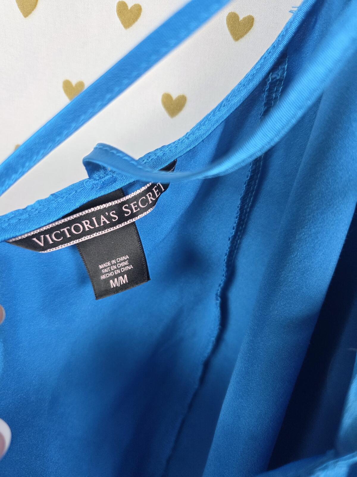 Victorias Secret Satin Blue ROBE & SLIP DRESS SET 2pc Nightie Silky Lingerie MED