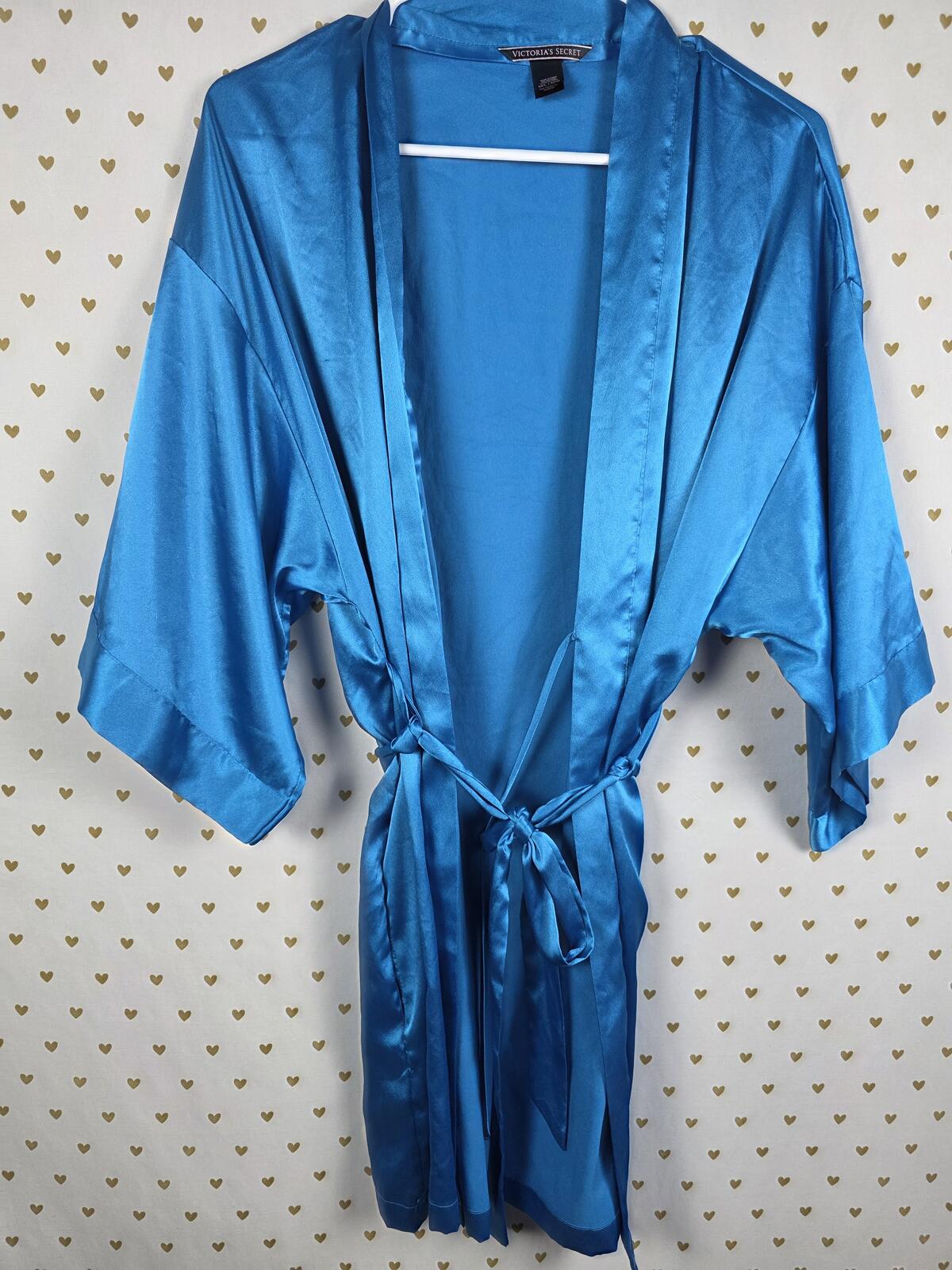 Victorias Secret Satin Blue ROBE & SLIP DRESS SET 2pc Nightie Silky Lingerie MED