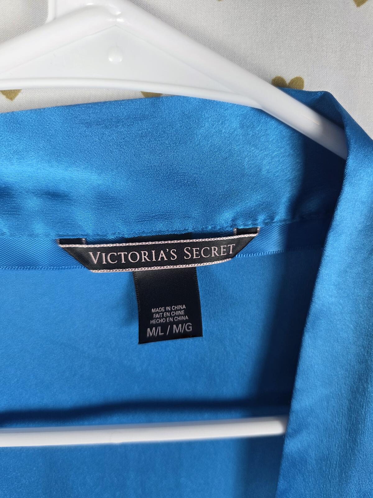 Victorias Secret Satin Blue ROBE & SLIP DRESS SET 2pc Nightie Silky Lingerie MED