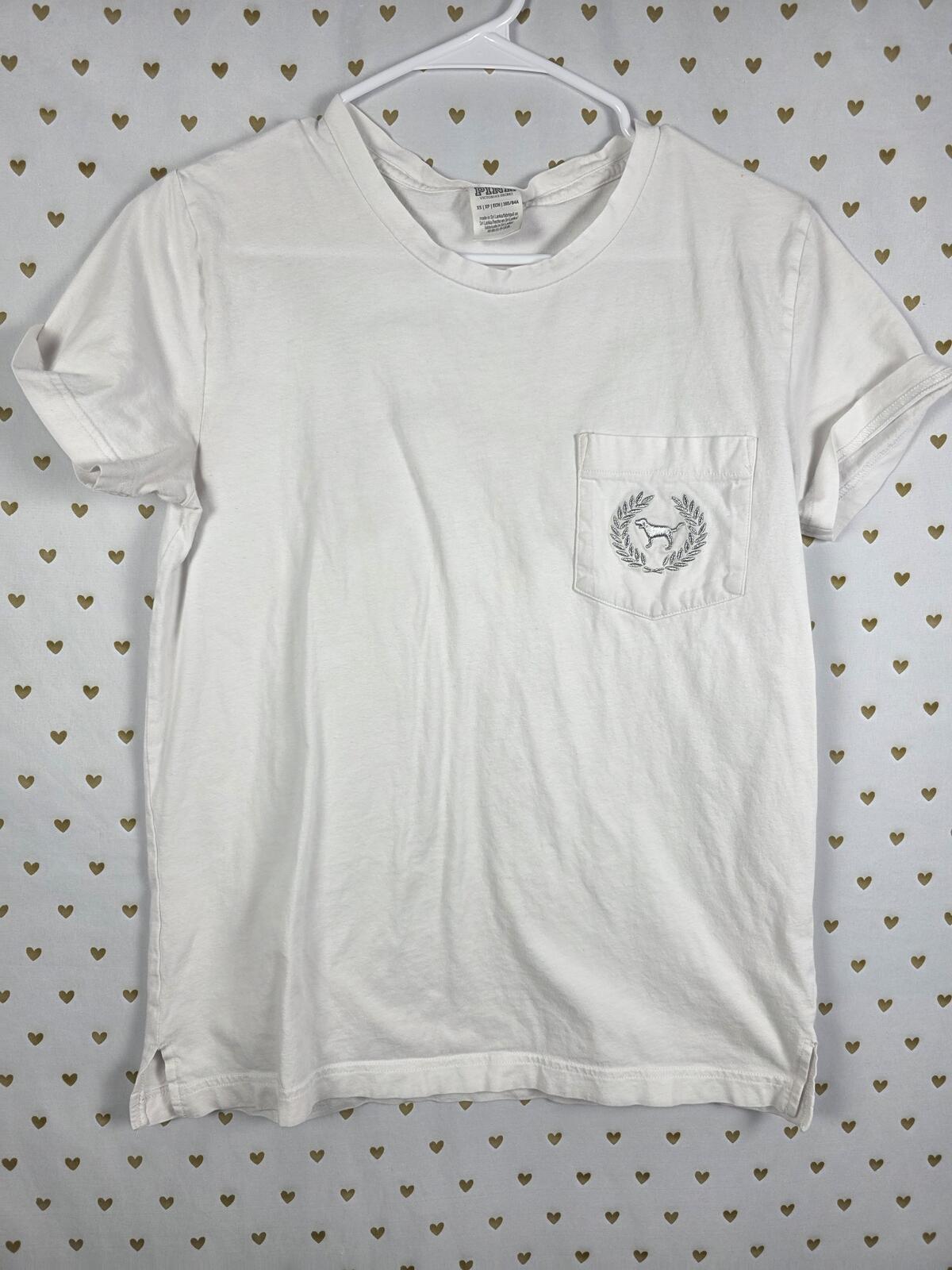 Victorias Secret PINK BLING Dog Logo Sequined Pocket Tee shirt Silver XS