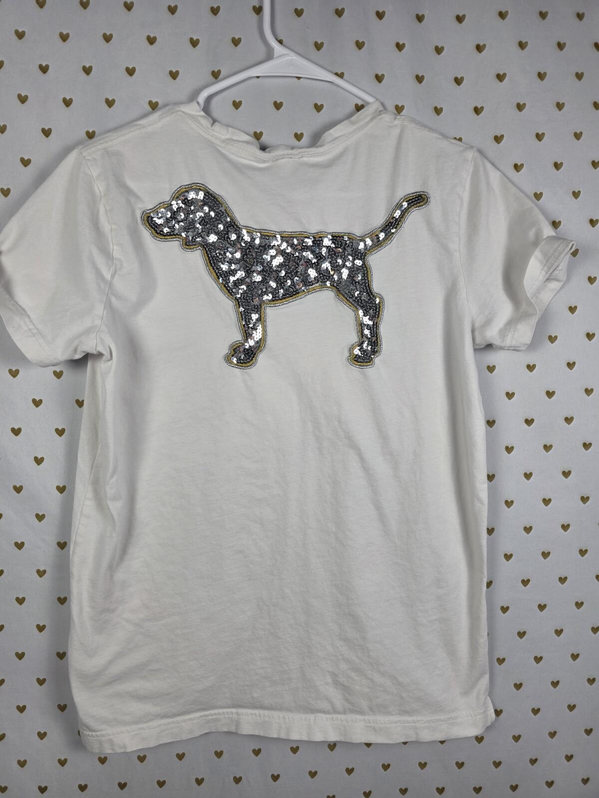 Victorias Secret PINK BLING Dog Logo Sequined Pocket Tee shirt Silver XS