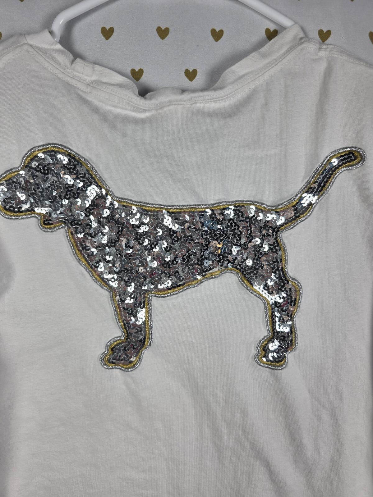 Victorias Secret PINK BLING Dog Logo Sequined Pocket Tee shirt Silver XS