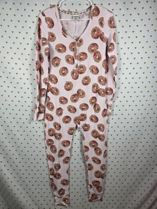 Victorias Secret Pink MEDIUM Pajamas Long John Donut Wake Up for What Flap