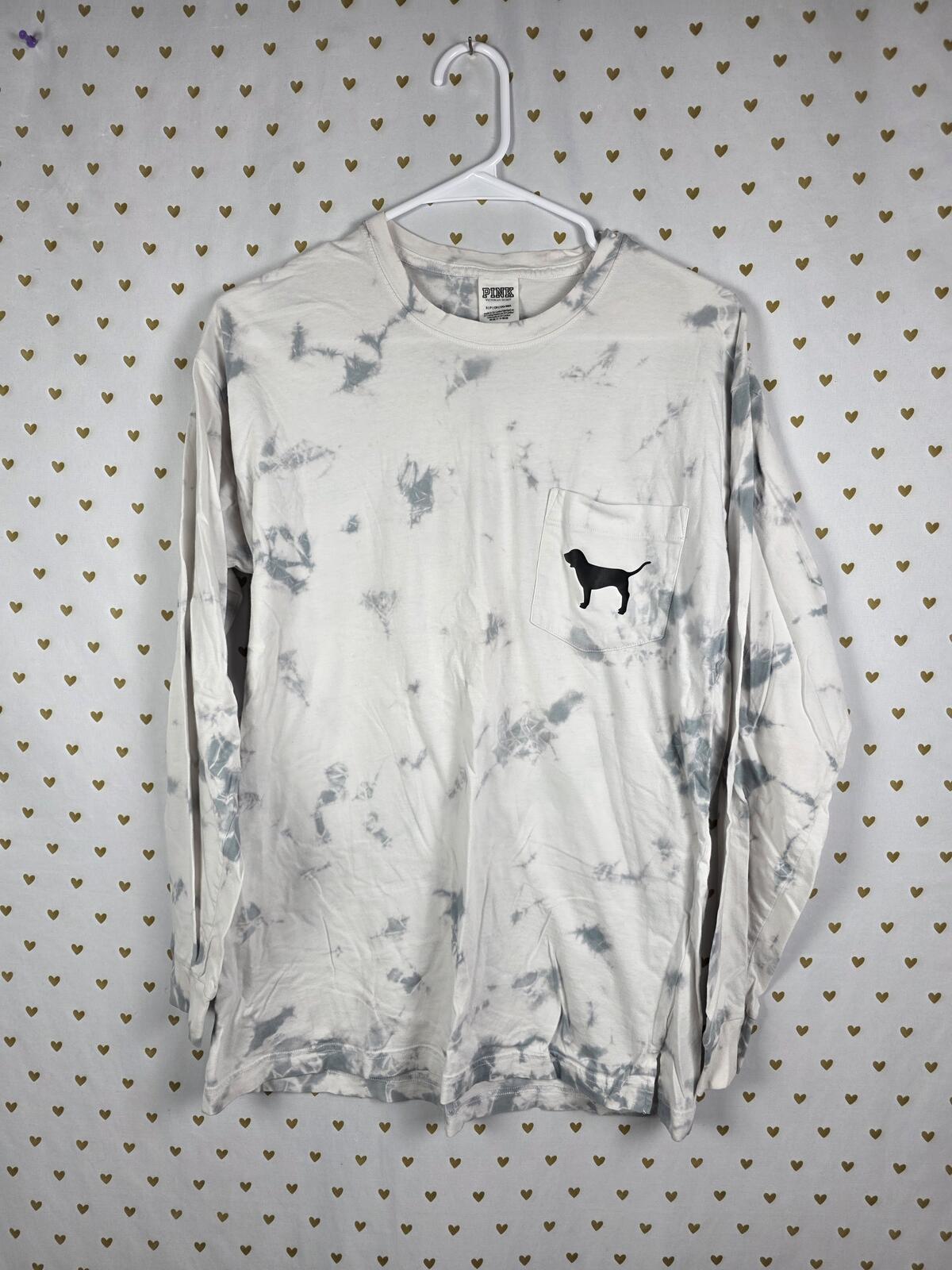 Victorias Secret PINK Tye Dye Dog Logo Long Sleeve Pocket Tee Shirt SMALL