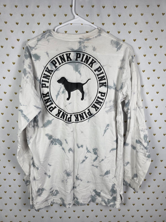 Victorias Secret PINK Tye Dye Dog Logo Long Sleeve Pocket Tee Shirt SMALL