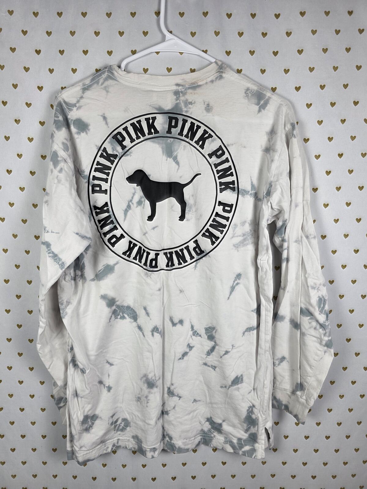 Victorias Secret PINK Tye Dye Dog Logo Long Sleeve Pocket Tee Shirt SMALL