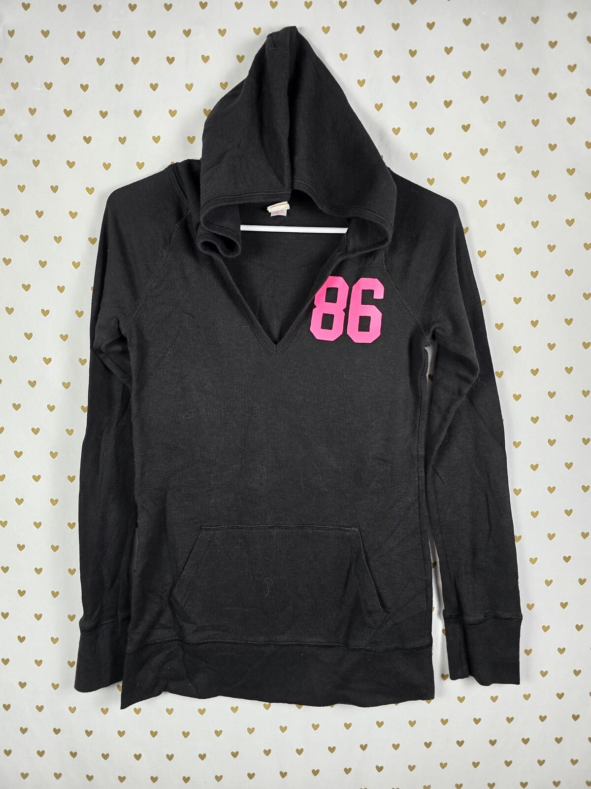 Victorias Secret Pink Thermal V neck Hooded Long Sleeve Tee Shirt Small