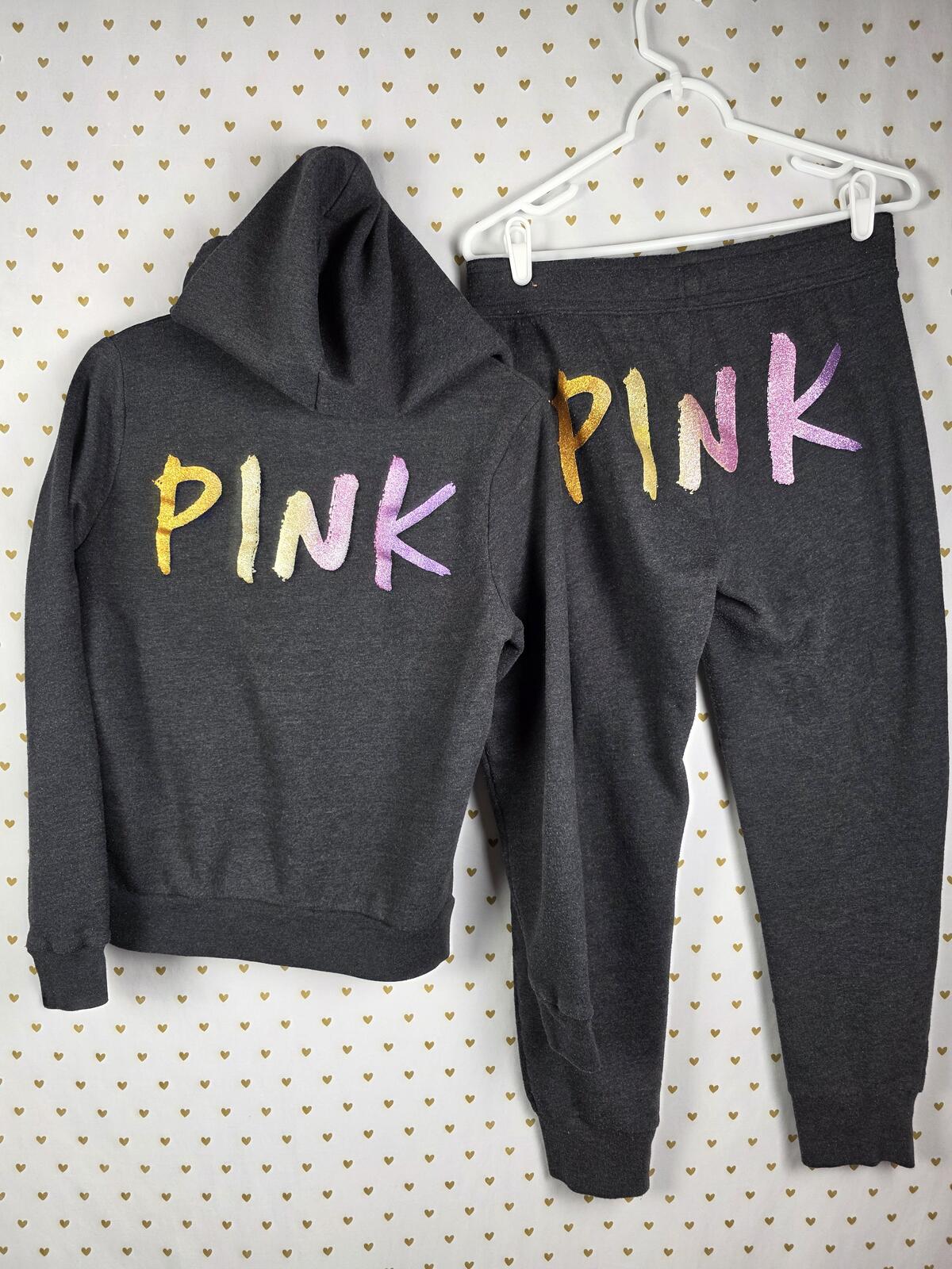 Victorias Secret Pink GLITTER Hoodie Sweats SET 2pc Full Zip MEDIUM Bling Jogger