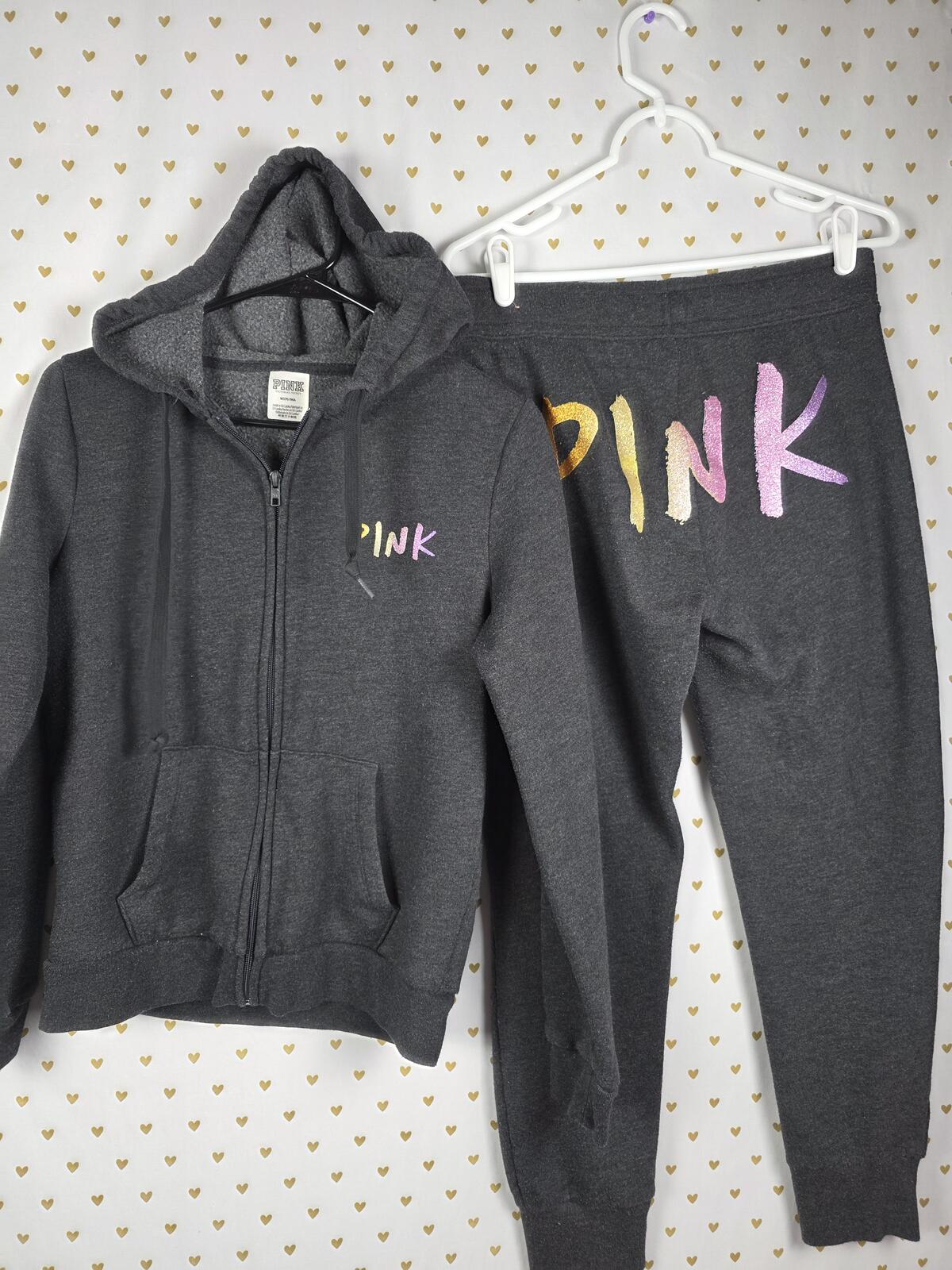 Victorias Secret Pink GLITTER Hoodie Sweats SET 2pc Full Zip MEDIUM Bling Jogger