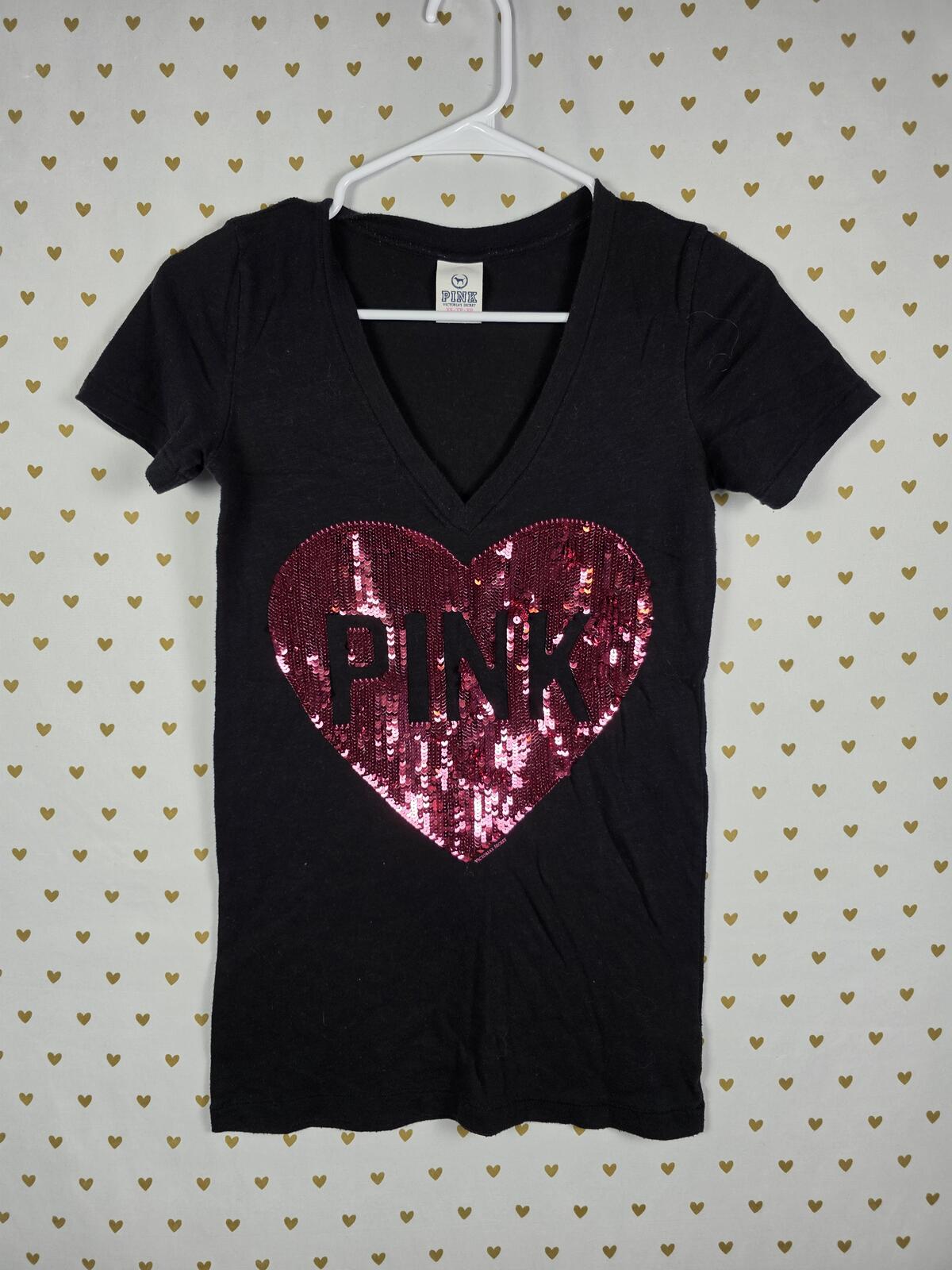 Victorias Secret PINK BLING HEART Logo Sequined Y2k VINTAGE Tee Shirt V Neck XS