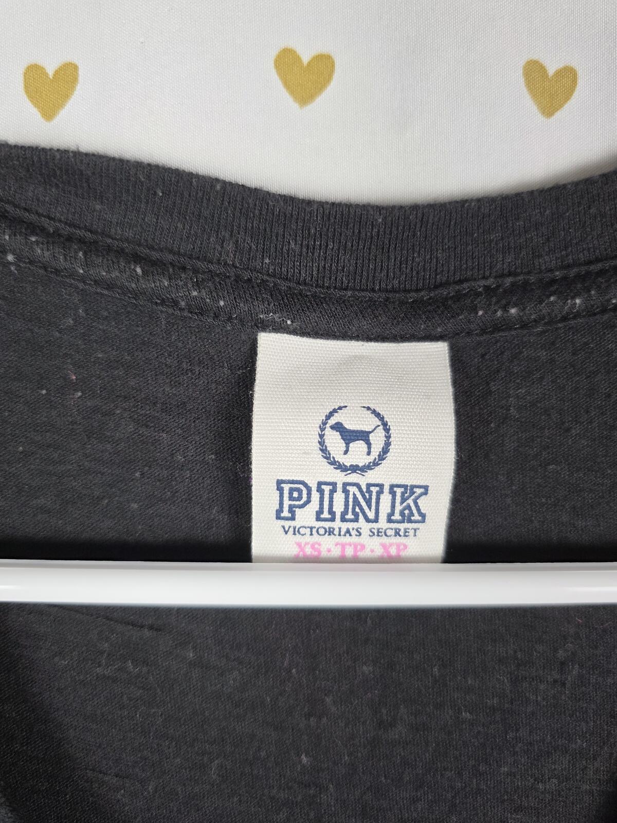 Victorias Secret PINK BLING HEART Logo Sequined Y2k VINTAGE Tee Shirt V Neck XS