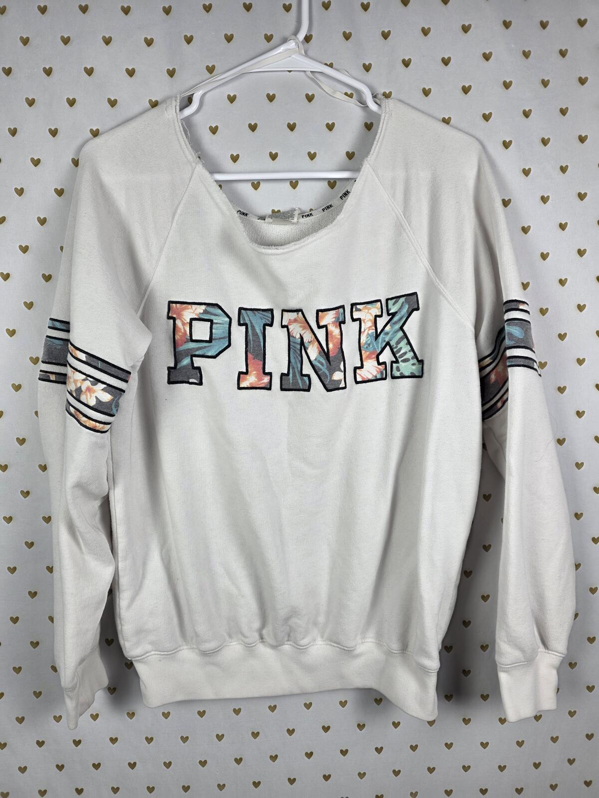 Victorias Secret Pink Slouchy Off Shoulder Embroidered Floral Logo sweater shirt