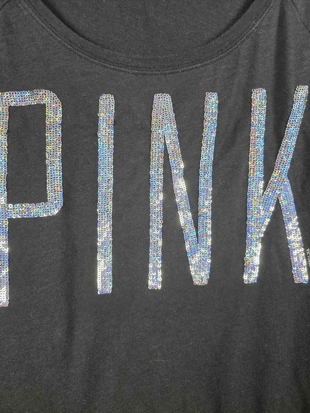 Victorias Secret PINK Long Sleeve Tee Shirt BLING SEQUINED Logo Scoop Neck MED