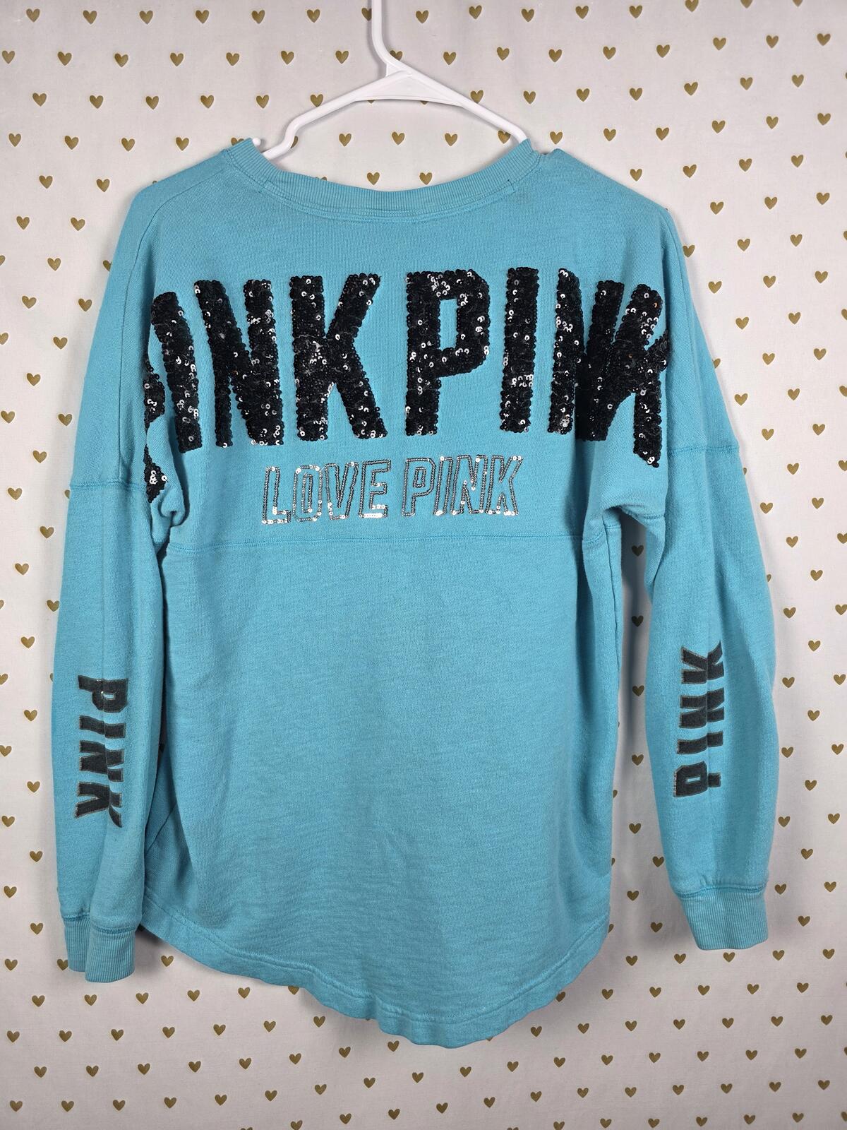 Victorias Secret Pink BLING SEQUINED Campus Sweater Shirt Blue Oversized XS