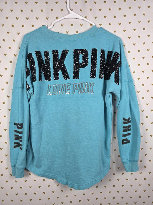 Victorias Secret Pink BLING SEQUINED Campus Sweater Shirt Blue Oversized XS