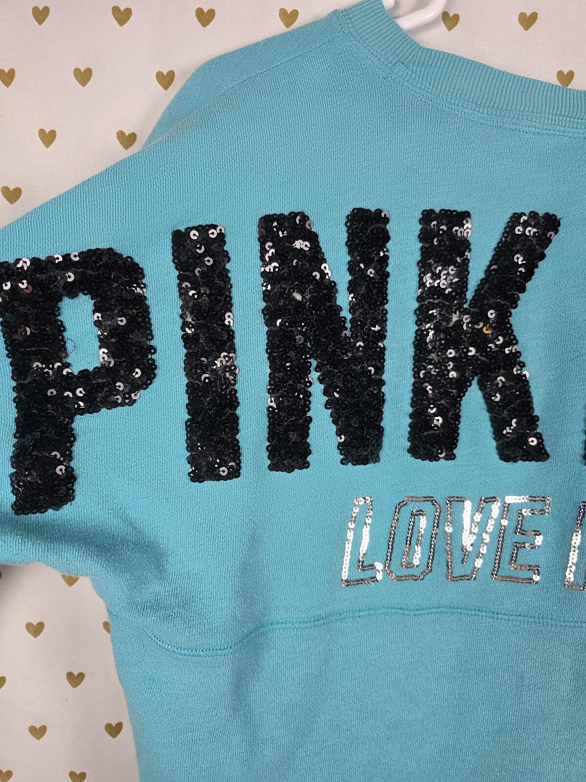 Victorias Secret Pink BLING SEQUINED Campus Sweater Shirt Blue Oversized XS