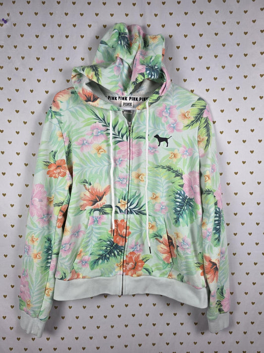 Victorias Secret Pink Rare FLORAL Hawaiian Full Zip Hoodie Jacket LARGE