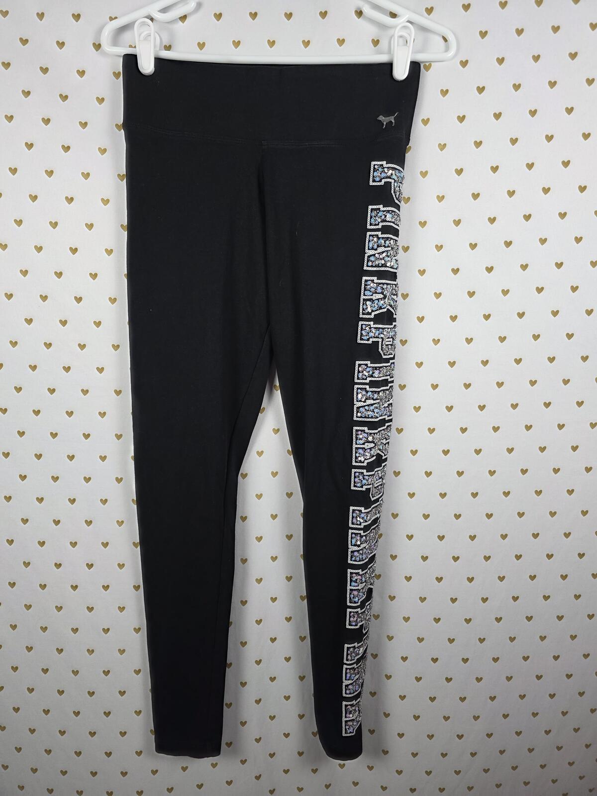 Victorias Secret PINK BLING Logo Yoga Pants Sequined Ankle SMALL