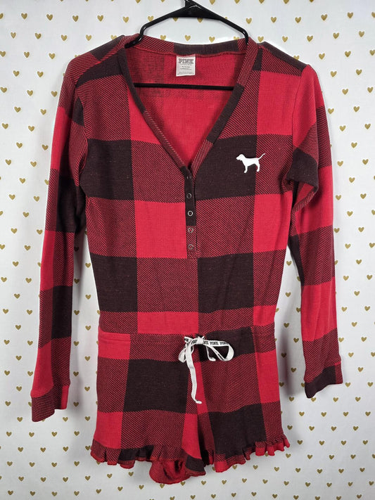 Victorias Secret PINK Buffalo Plaid MEDIUM Sleep Romper Shorts Thermal