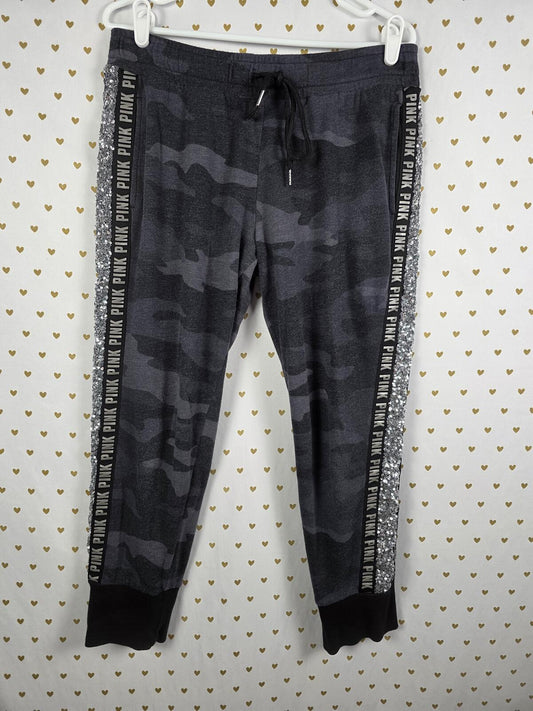 Victorias Secret PINK CAMO BLING Sequined Stripe Joggers Sweats Sweatpants Large