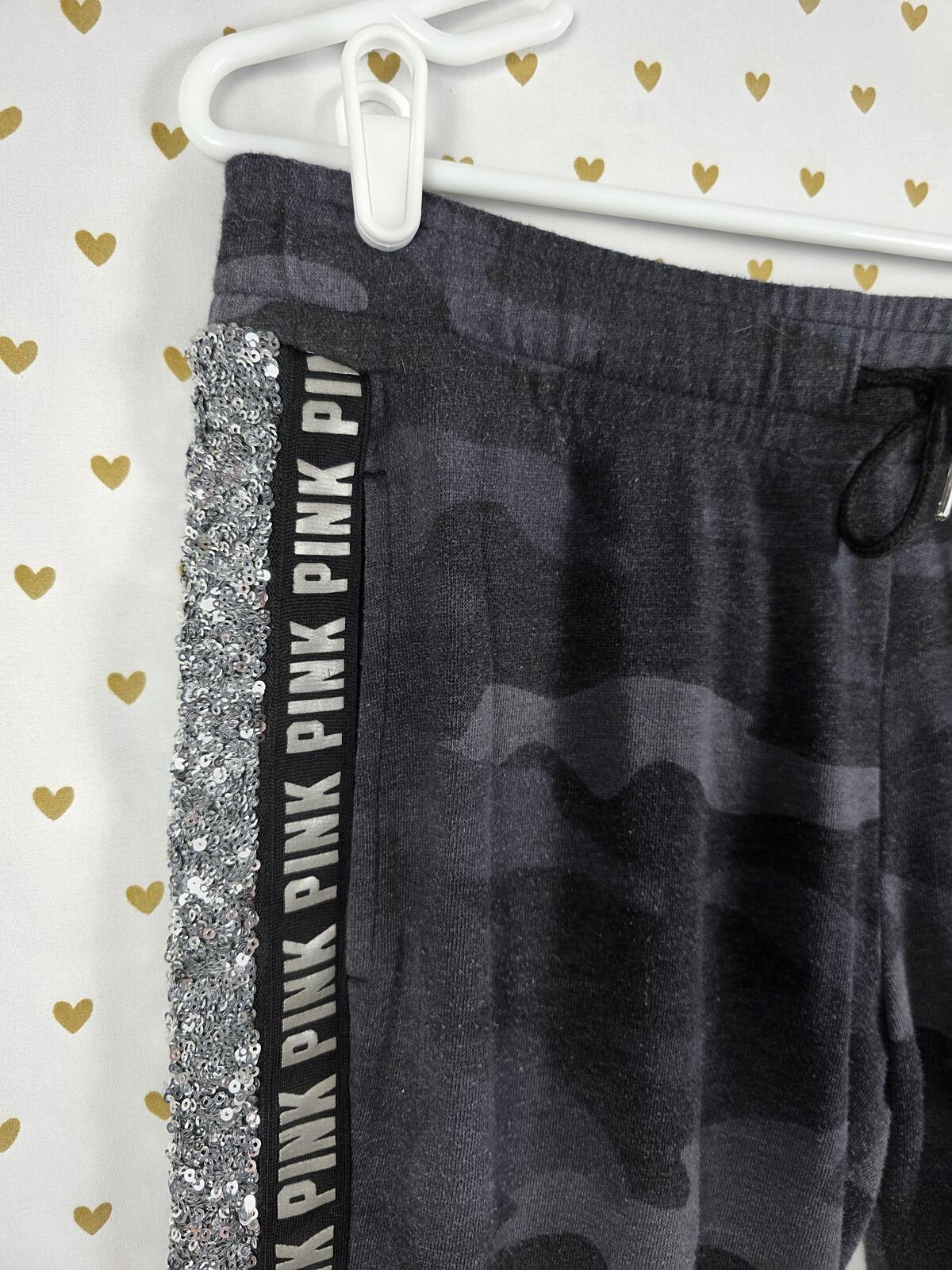 Victorias Secret PINK CAMO BLING Sequined Stripe Joggers Sweats Sweatpants Large