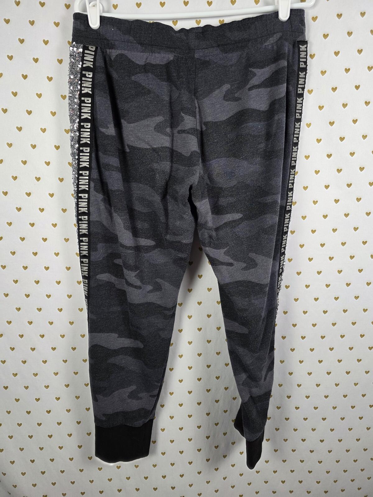 Victorias Secret PINK CAMO BLING Sequined Stripe Joggers Sweats Sweatpants Large