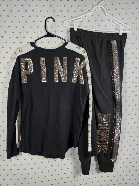 Victorias Secret PINK BLING Gold SET campus Tee sweats sweatpants SMALL 2 PCS