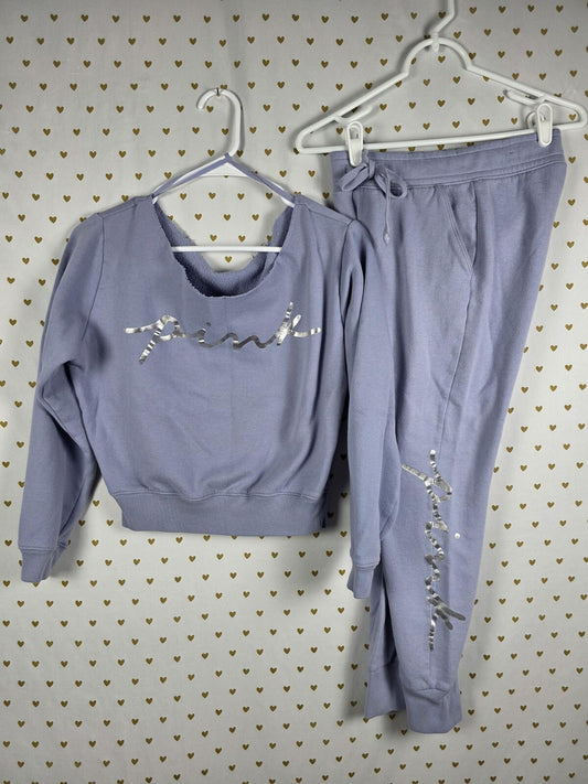 Victorias Secret Pink 2PC SET Sweater Sweats Joggers Sweatpants Fil Logo XS