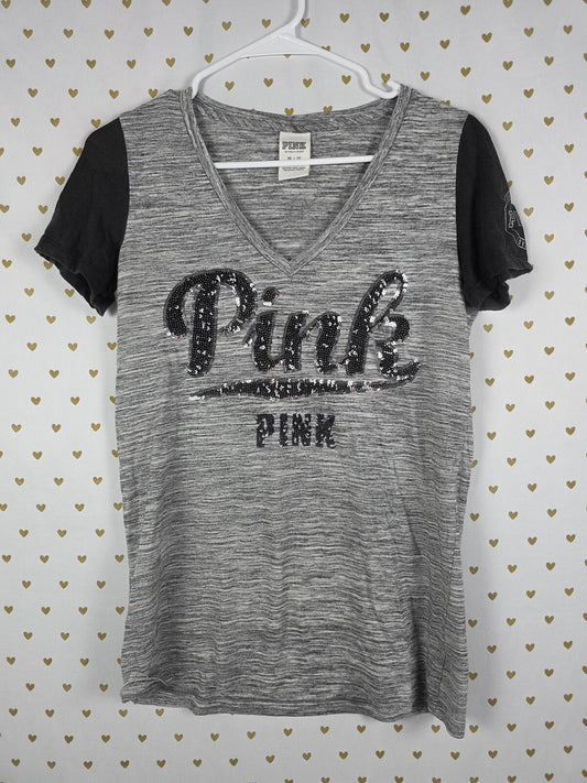 Victorias Secret PINK Colorblock Grey BLING Logo Tee Shirt XS