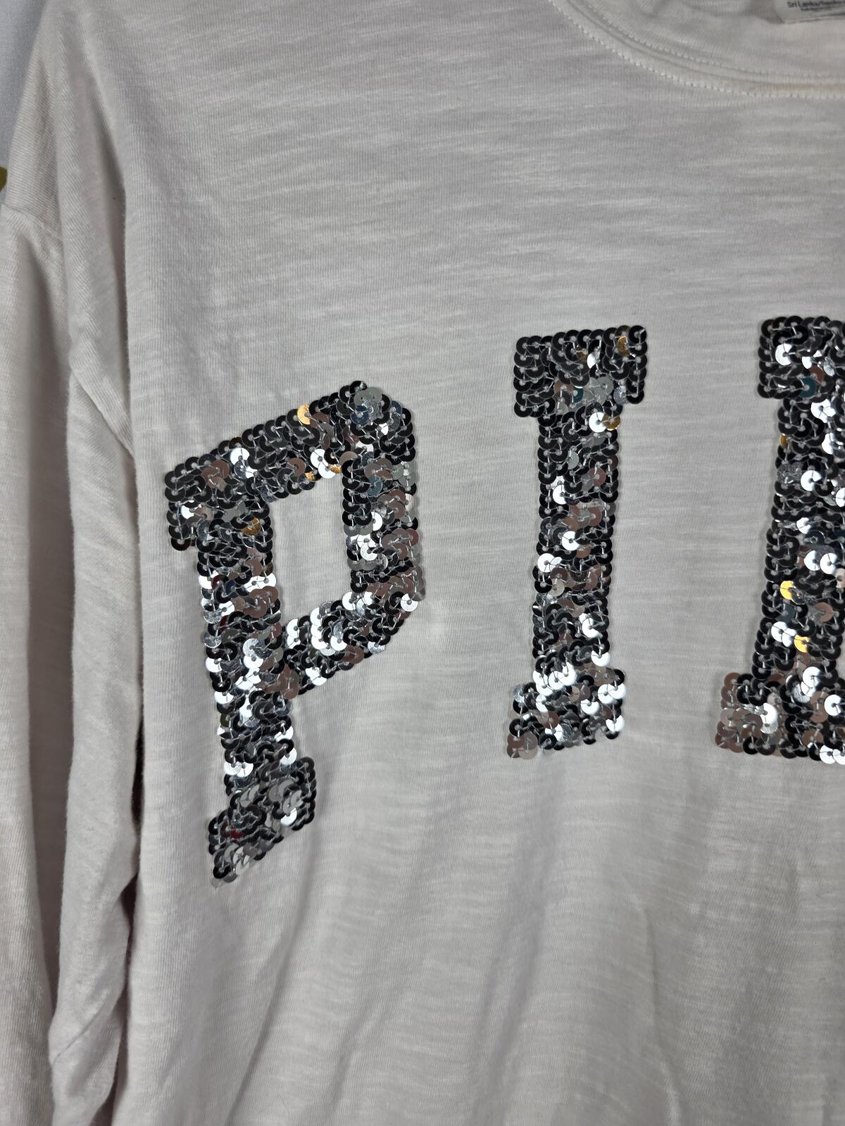 Victorias Secret PINK BLING Long Sleeve Sequined Tee Shirt Silver Logo SMALL