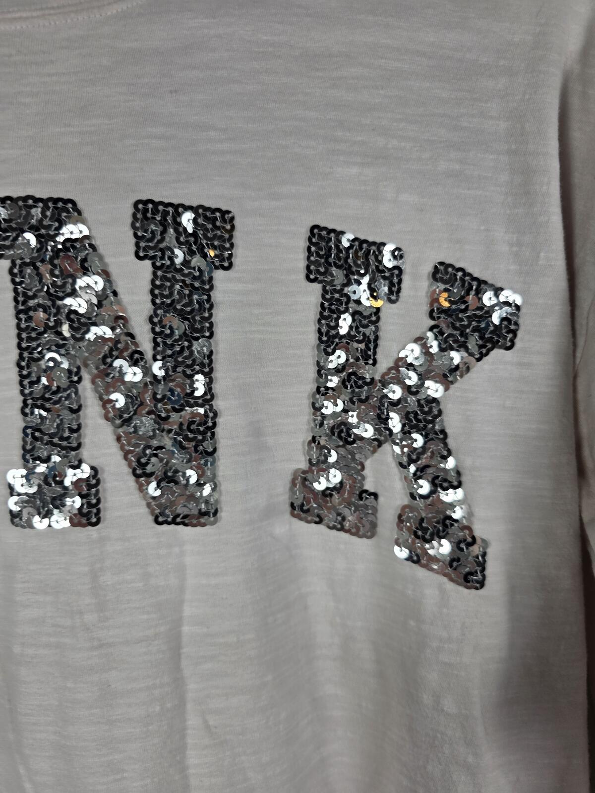 Victorias Secret PINK BLING Long Sleeve Sequined Tee Shirt Silver Logo SMALL