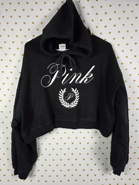 Victorias Secret Pink Cropped Crest Logo Hooded Sweater Pullover XS