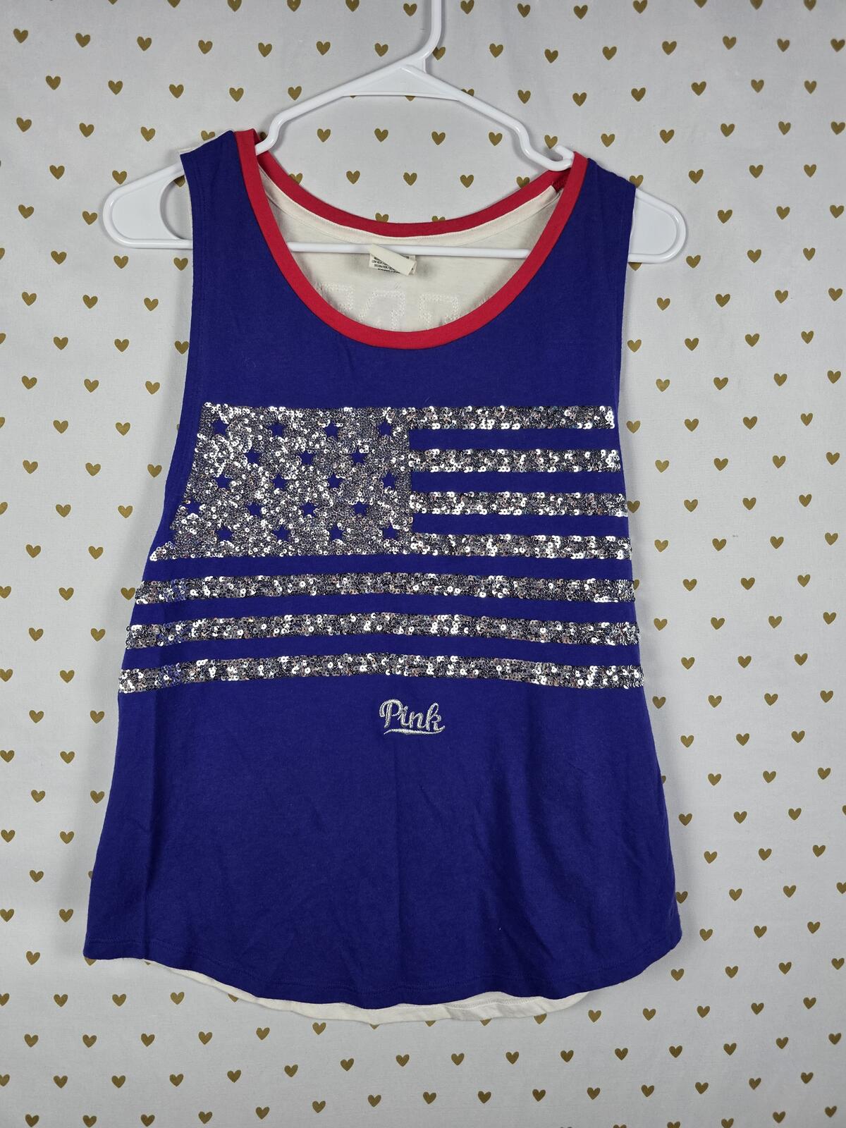 Victorias Secret PINK BLING Sequin AMERICA Silver USA Flag Tank Top Oversized