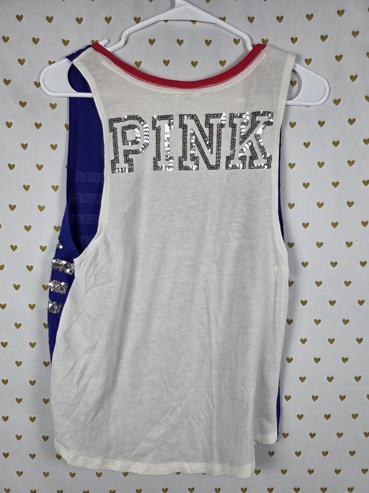 Victorias Secret PINK BLING Sequin AMERICA Silver USA Flag Tank Top Oversized