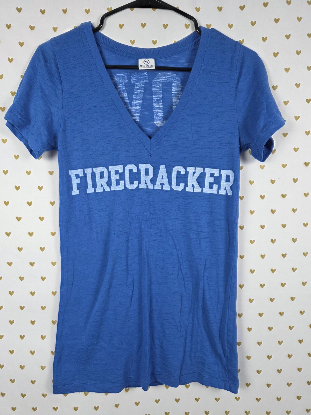 Victorias Secret PINK VINTAGE LOVE FIRECRACKER  V neck Tee shirt BLUE Y2K SMall