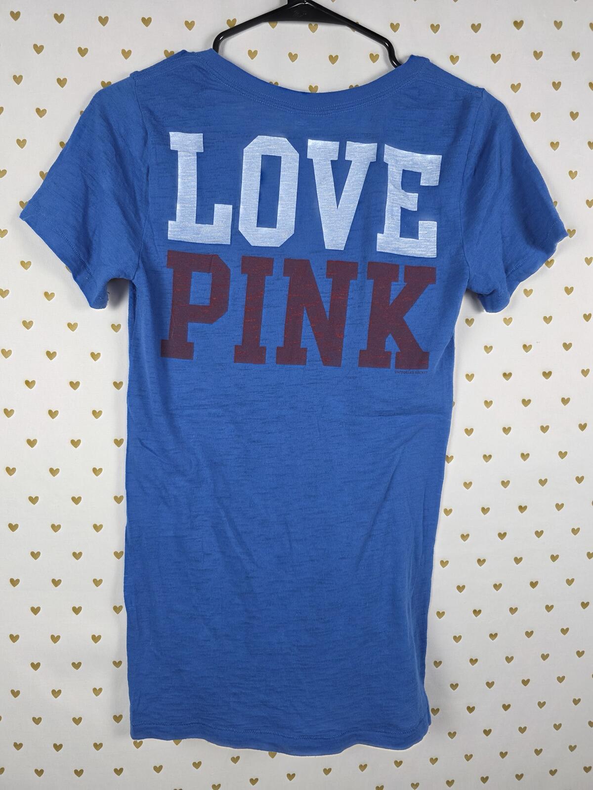 Victorias Secret PINK VINTAGE LOVE FIRECRACKER  V neck Tee shirt BLUE Y2K SMall