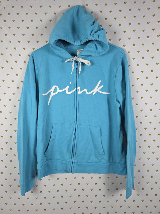 Victorias Secret Pink Light Blue Full Zip Hoodie Jacket Logo LARGE