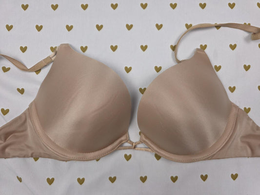 Victorias Secret Beige Satin BOMBSHELL PLUNGE ADD 2 SIZES 32a push Up Bra