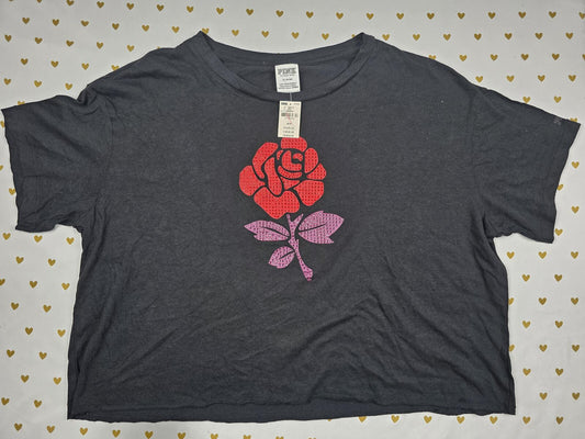 Victorias Secret PINK NEW Floral Rose Rhinestone Cropped Boxy Tee Shirt MEDIUM