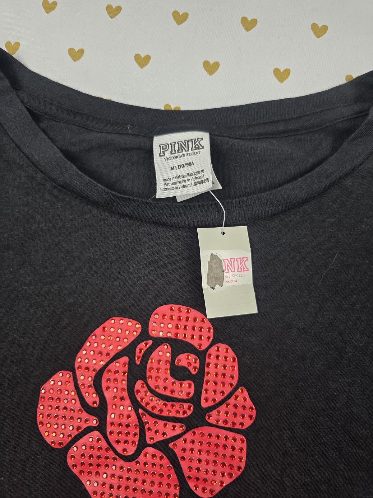 Victorias Secret PINK NEW Floral Rose Rhinestone Cropped Boxy Tee Shirt MEDIUM