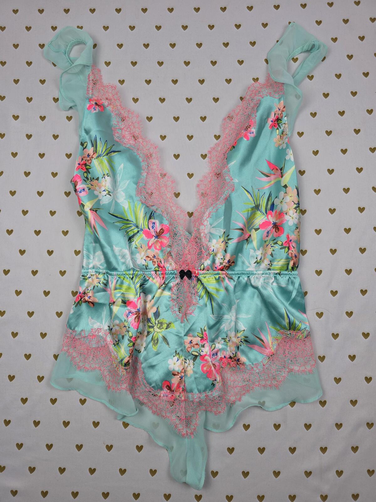 Victorias Secret Vintage Floral Satin Lace Teddy Nightie Lingerie SMALL