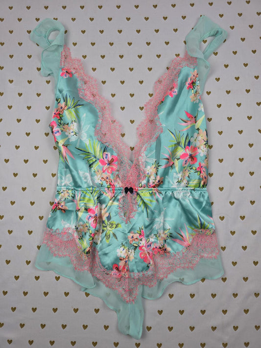 Victorias Secret Vintage Floral Satin Lace Teddy Nightie Lingerie SMALL