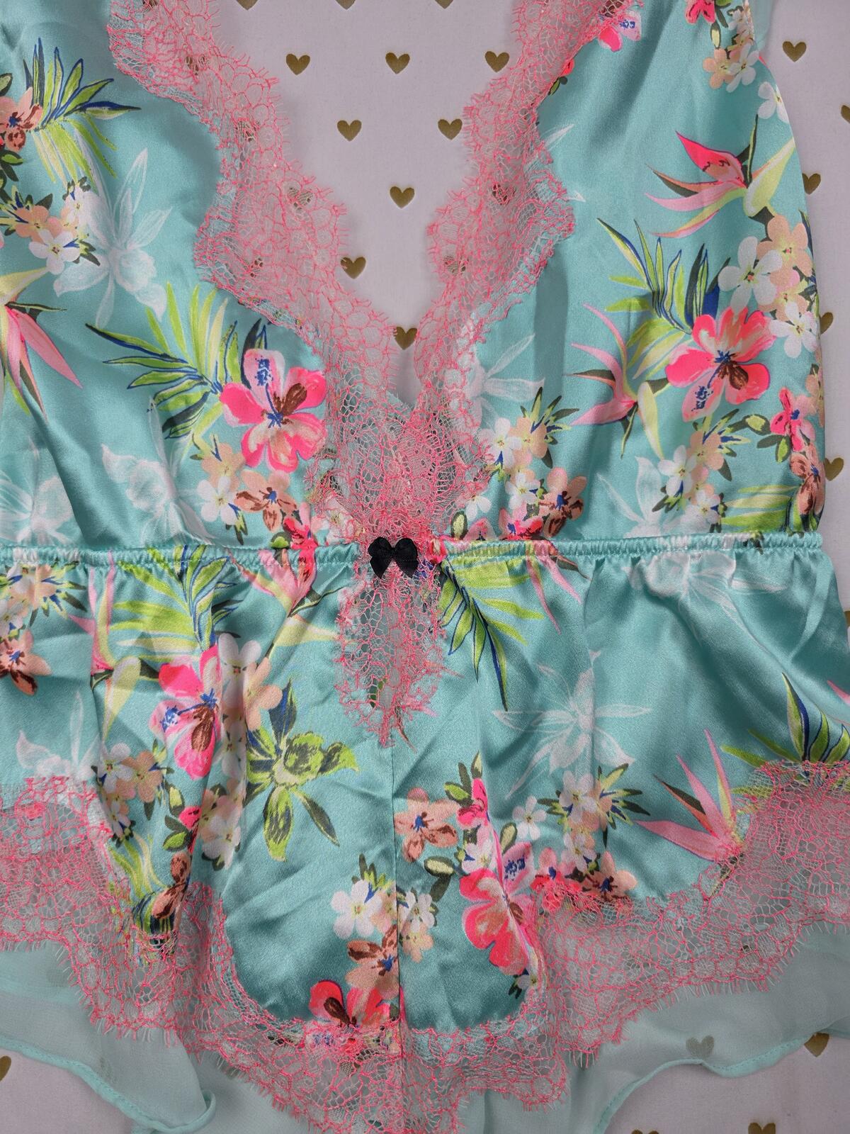 Victorias Secret Vintage Floral Satin Lace Teddy Nightie Lingerie SMALL