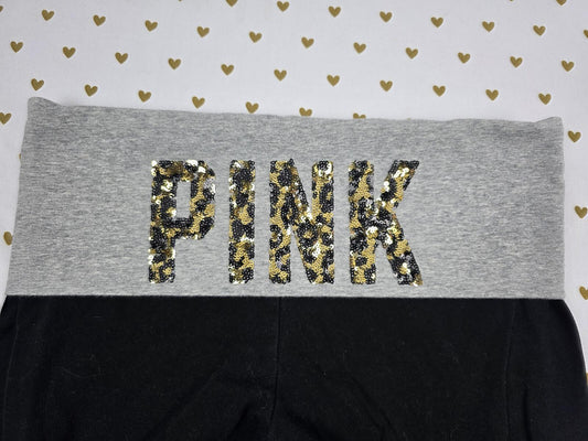 Victorias Secret PINK CHEETAH LEOPARD Bling FOLDOVER Yoga Pants Capri MEDIUM