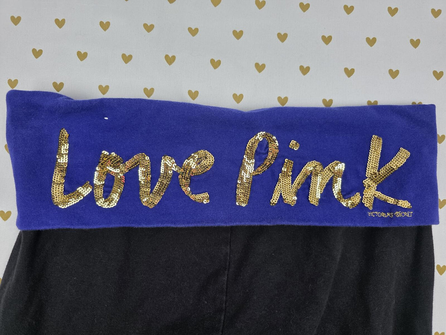 Victorias Secret PINK LOVE BLING Sequined FOLDOVER Yoga Pants Capri Medium