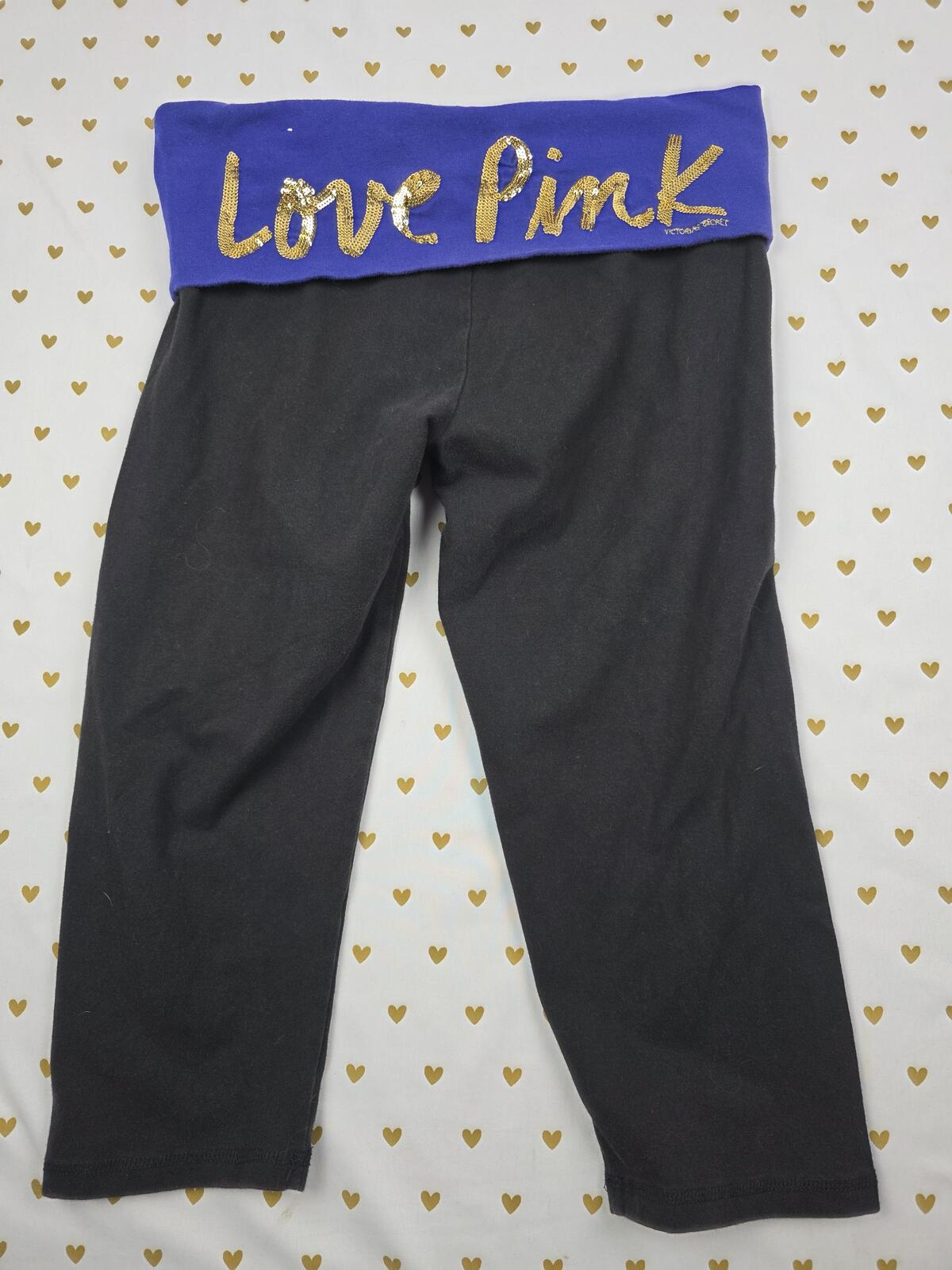 Victorias Secret PINK LOVE BLING Sequined FOLDOVER Yoga Pants Capri Medium