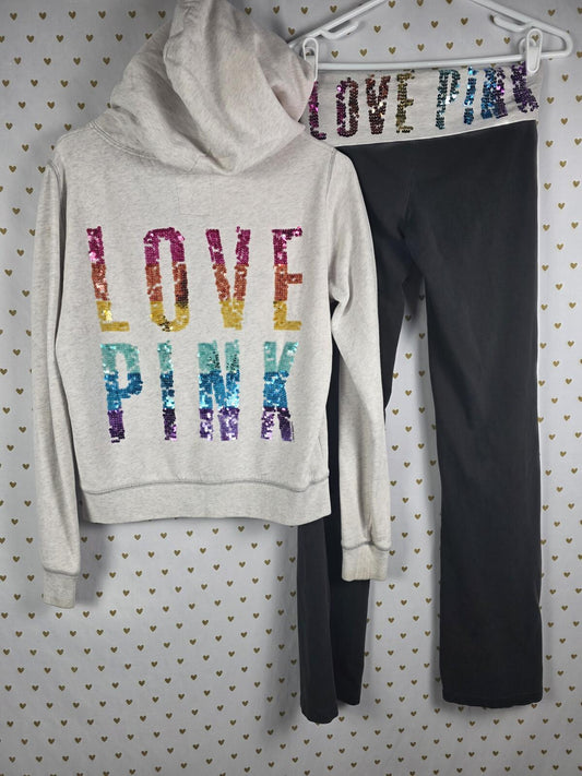 Victorias Secret Pink RAINBOW BLING SET Foldover Yoga Hoodie Jacket MEDIUM