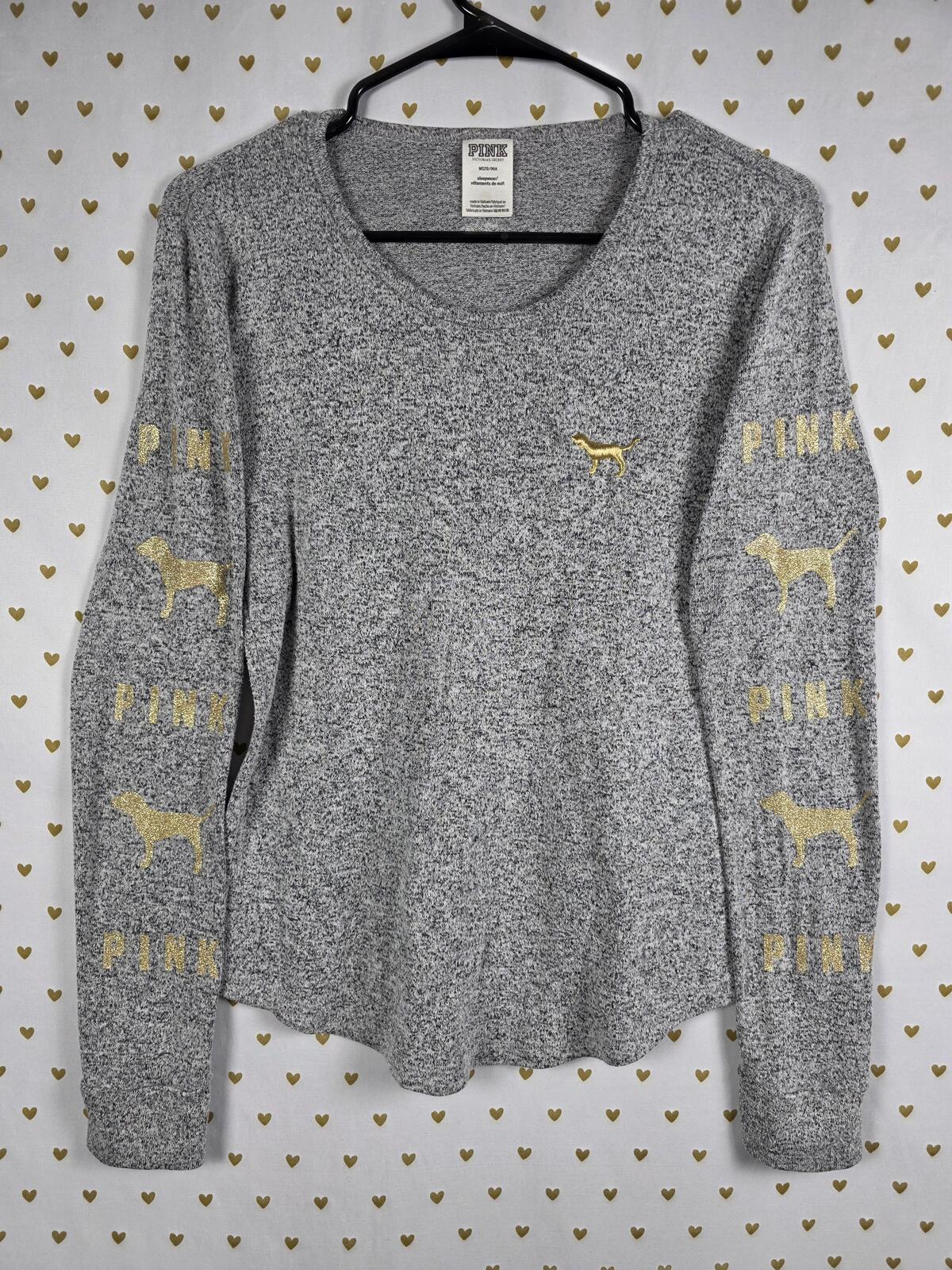 Victorias Secret PINK GLITTER DOG Soft Grey Long Sleeve Tee shirt MEDIUM