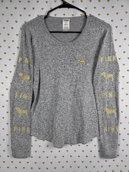 Victorias Secret PINK GLITTER DOG Soft Grey Long Sleeve Tee shirt MEDIUM